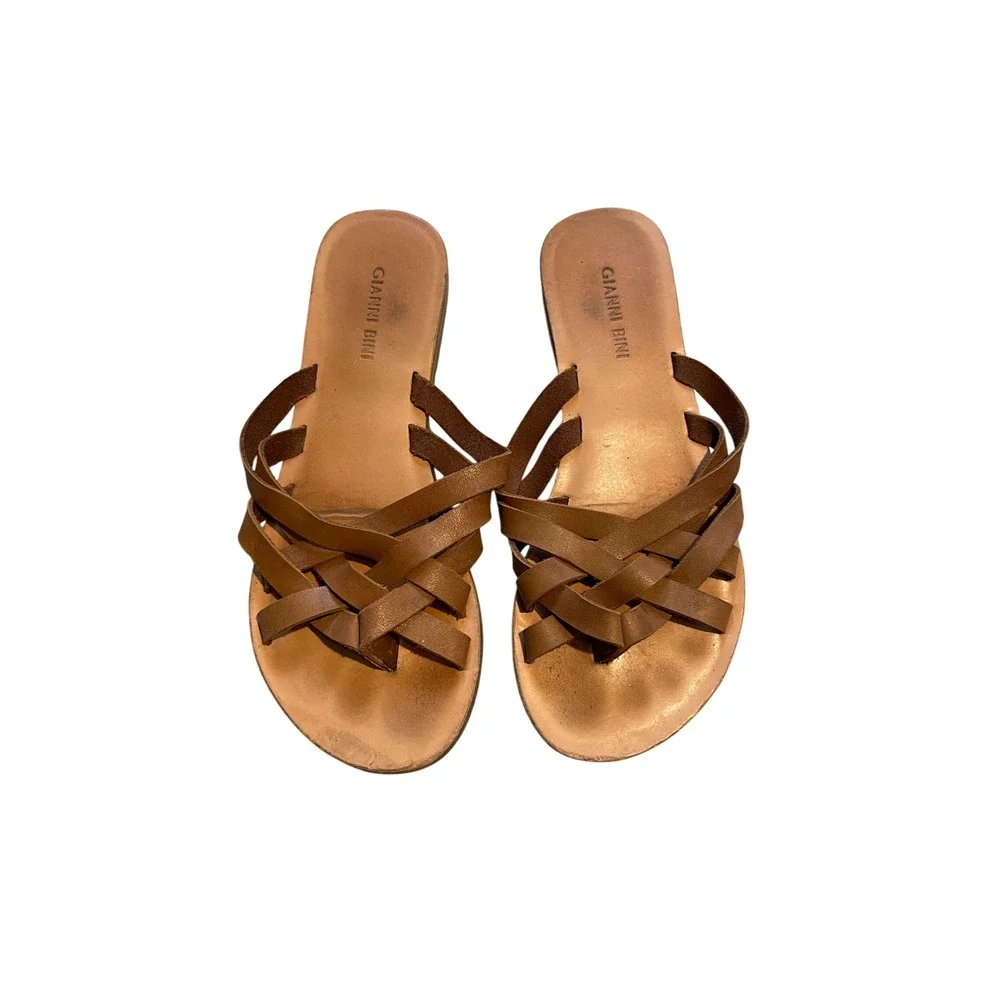 Gianni Bini Brown Leather Strappy Gladiator Slide Sandals Womens Size 6.5